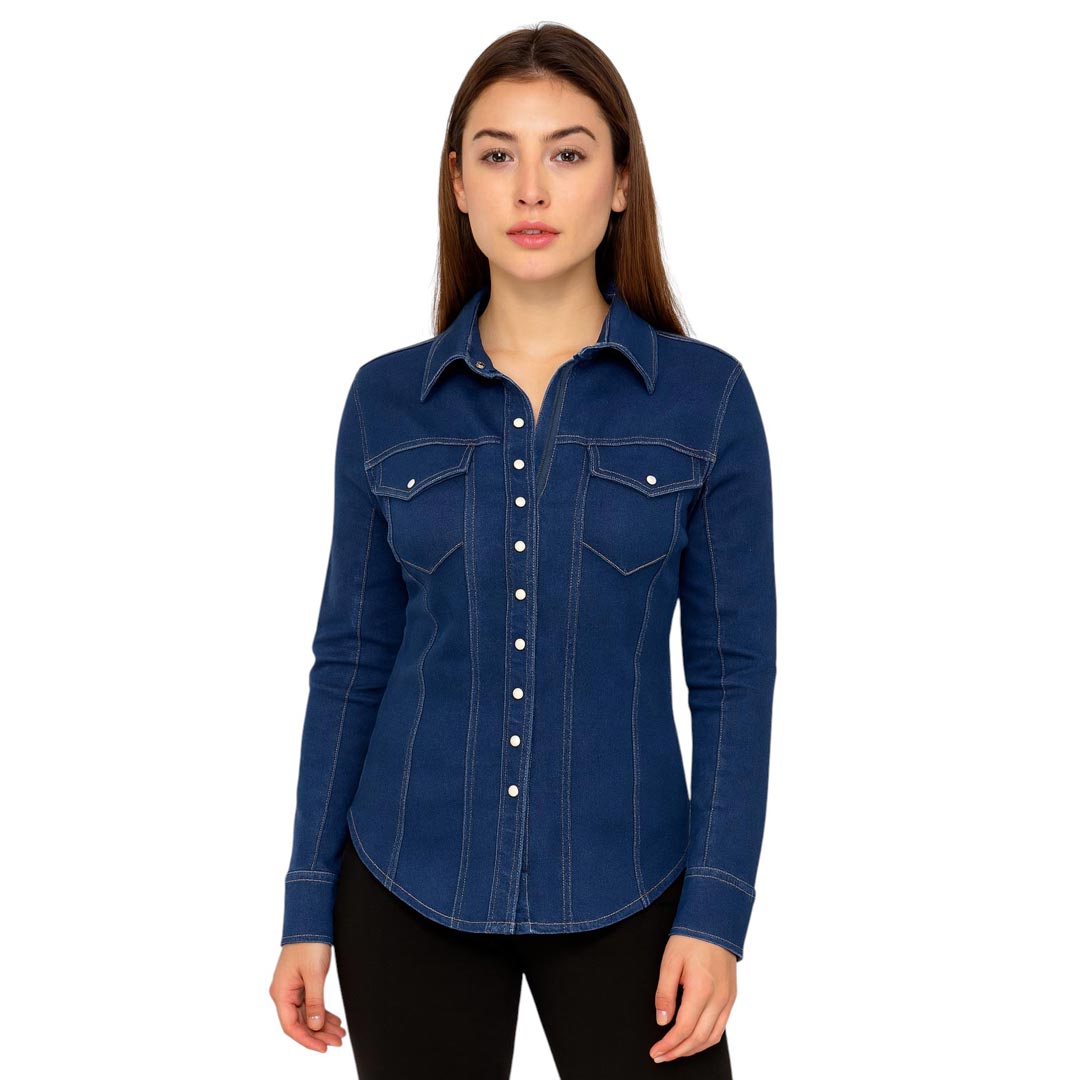 TuffRider Stone Washed Western Stretch Denim Shirt With Pearl Snaps