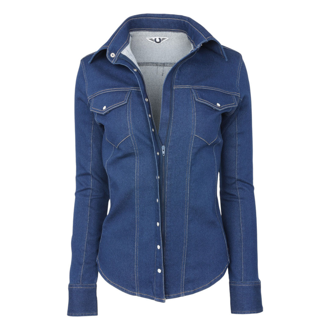 TuffRider Stone Washed Western Stretch Denim Shirt With Pearl Snaps