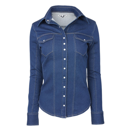 TuffRider Ladies Stone Washed Western Stretch Denim Shirt with Zip Closure and Decorative Pearl Snaps