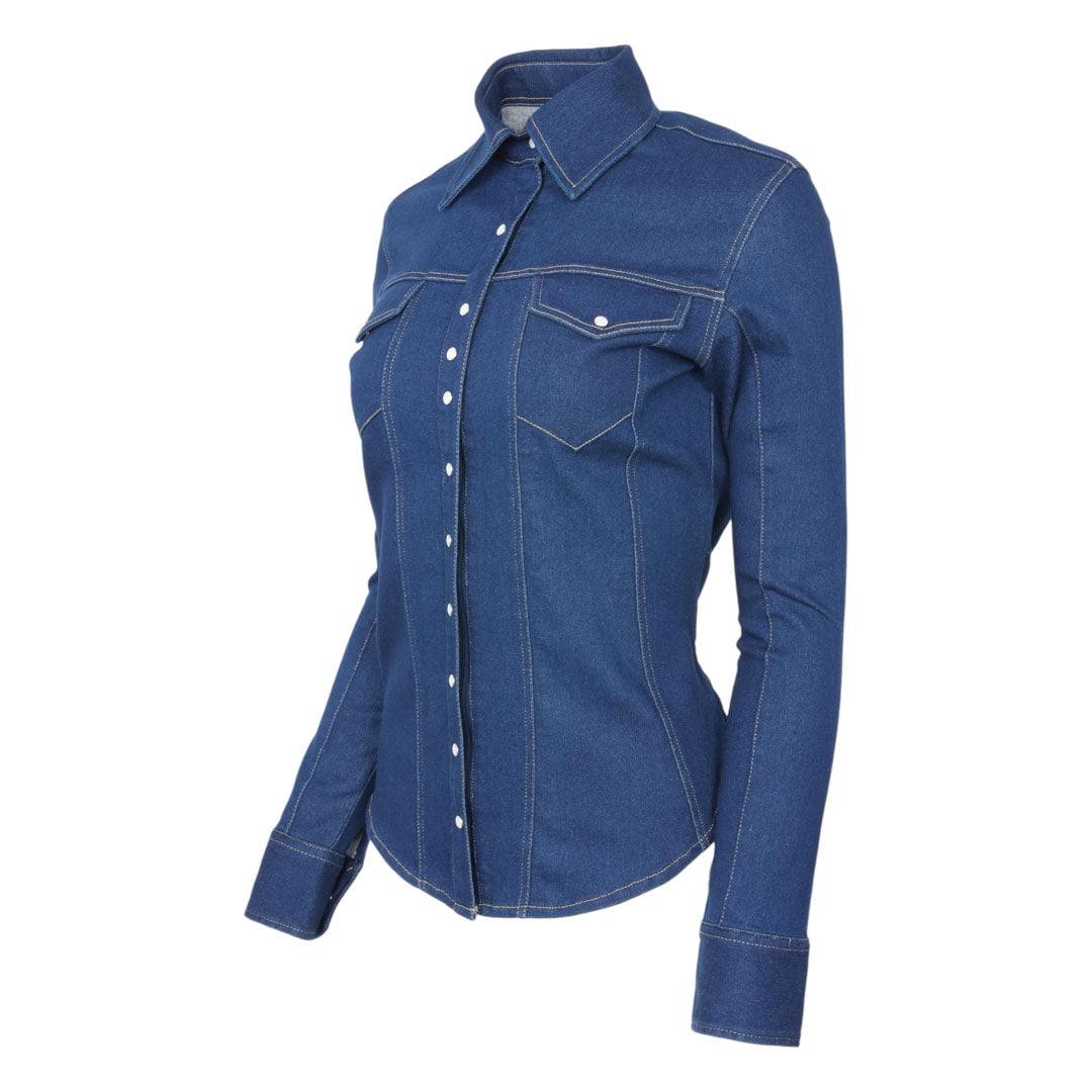 TuffRider Stone Washed Western Stretch Denim Shirt With Pearl Snaps