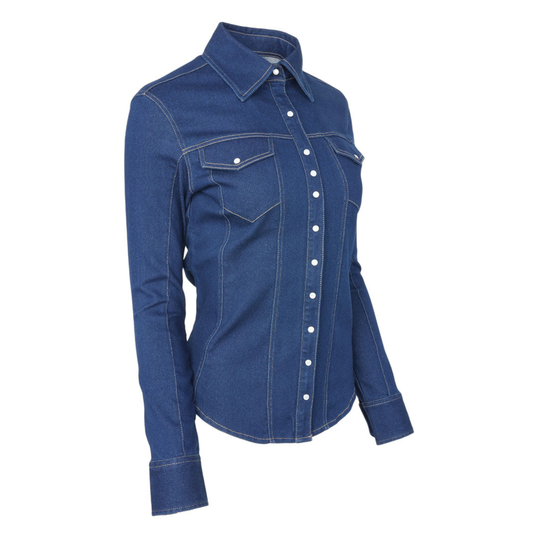 TuffRider Stone Washed Western Stretch Denim Shirt With Pearl Snaps
