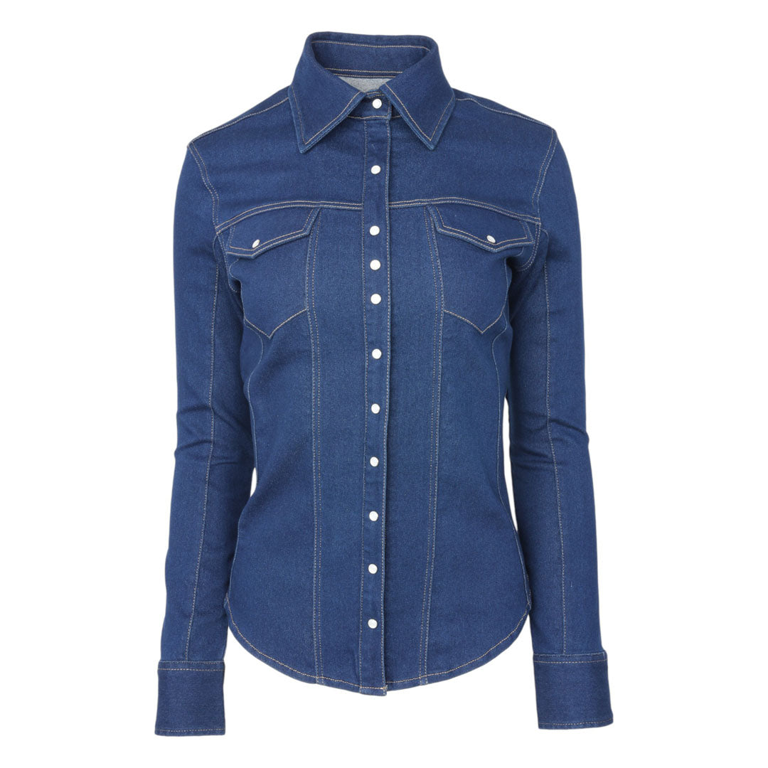TuffRider Stone Washed Western Stretch Denim Shirt With Pearl Snaps