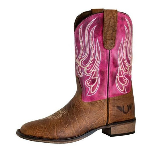TuffRider Children Arches Flame Embroidered Pink Shaft Square Toe Western Boots