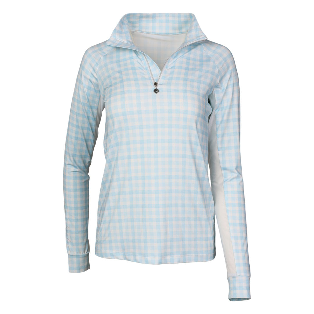 Dapplebay Gingham1/4 Zip Riding Top - Long Sleeve-Blue/White