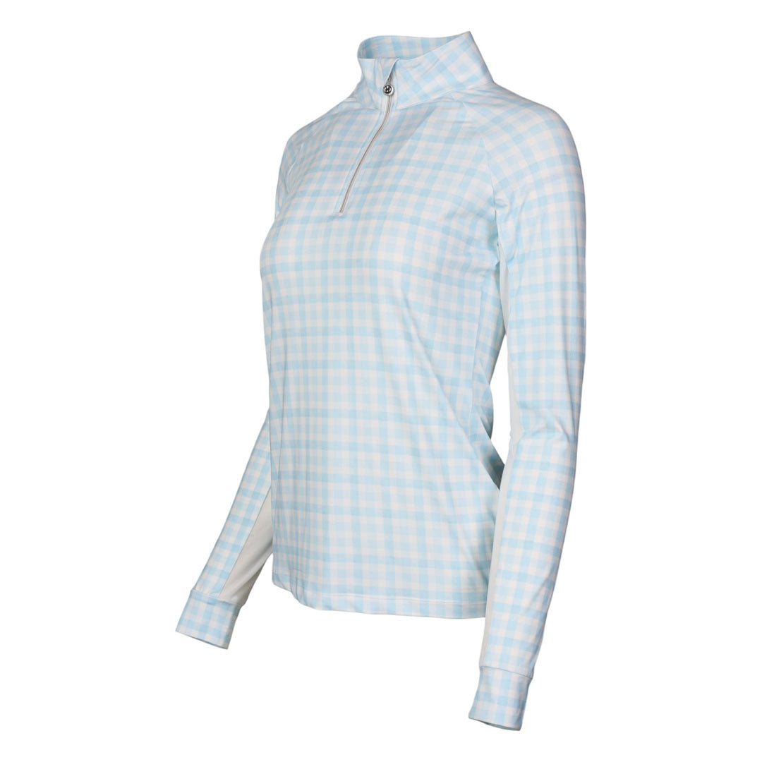 Dapplebay Gingham1/4 Zip Riding Top - Long Sleeve-Blue/White