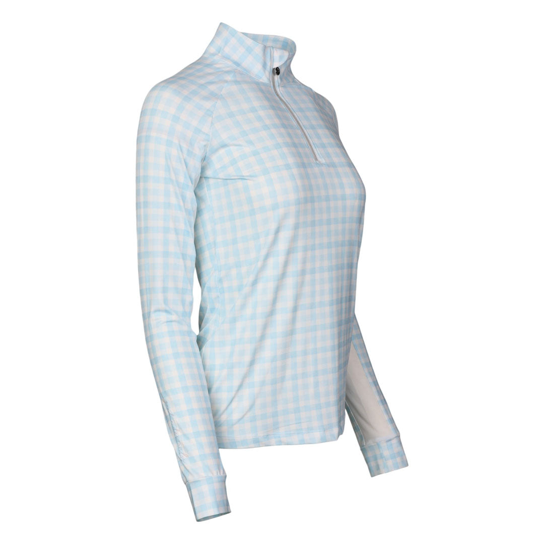 Dapplebay Gingham1/4 Zip Riding Top - Long Sleeve-Blue/White