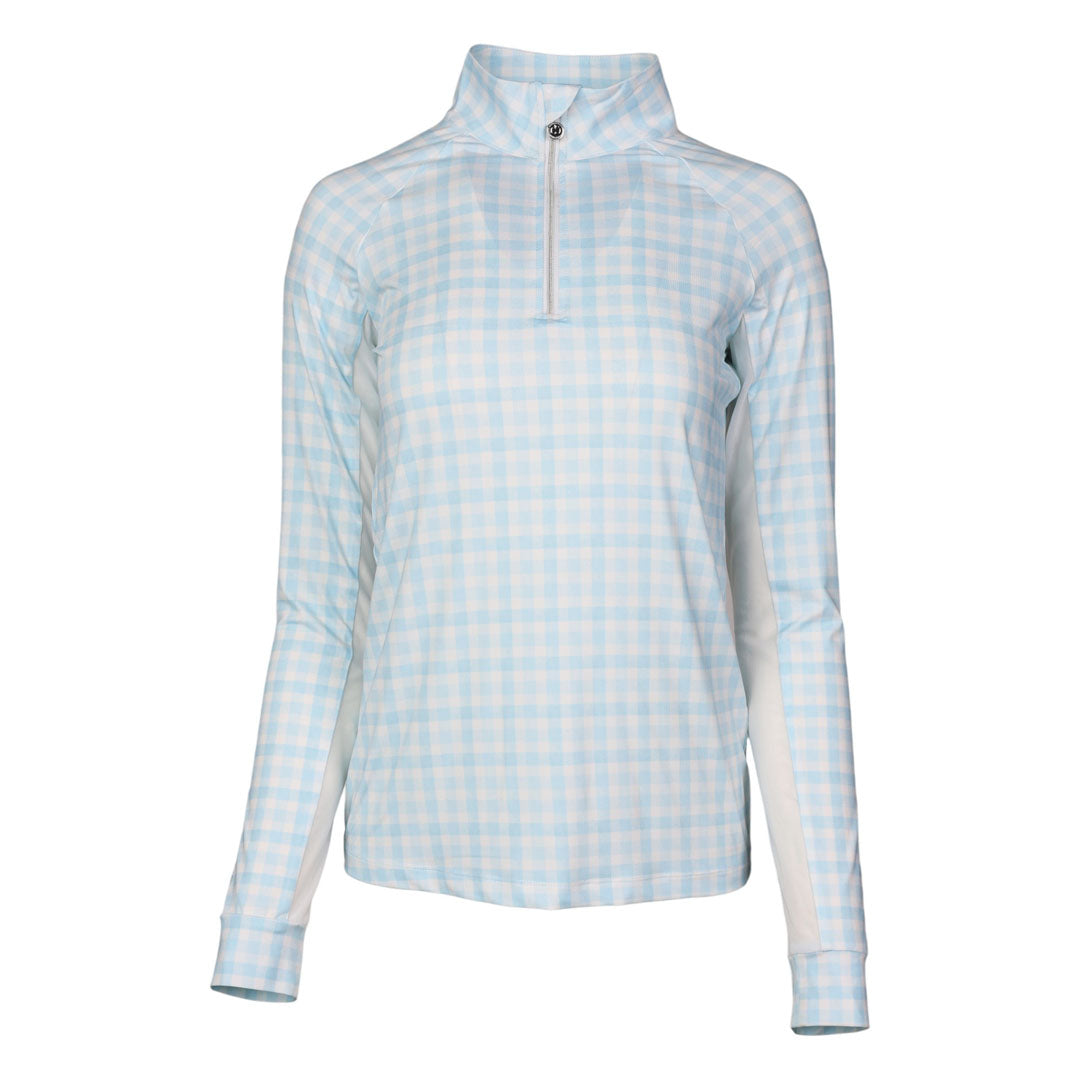 Dapplebay Gingham1/4 Zip Riding Top - Long Sleeve-Blue/White