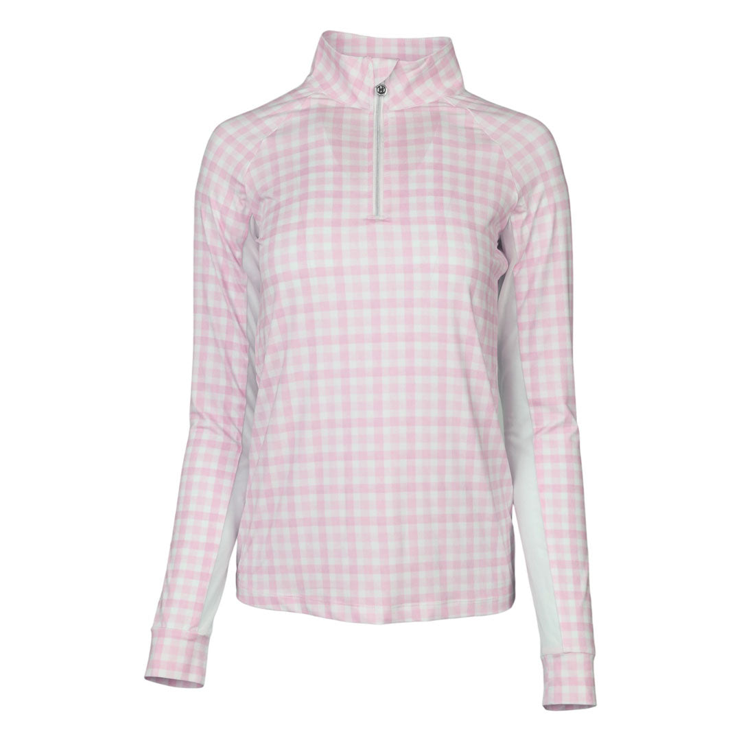 Dapplebay Gingham 1/4 Zip Riding Top - Long Sleeve-Pink/White