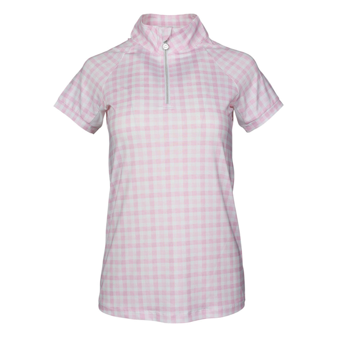 Dapplebay Gingham 1/4 Zip Riding Top - Short Sleeve-Pink/White