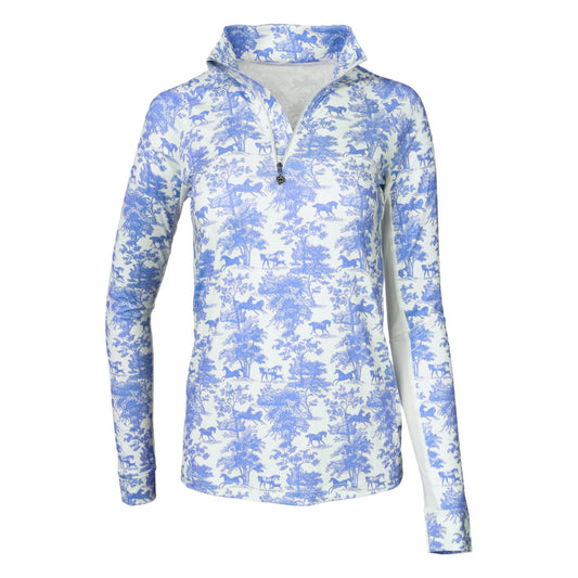 Dapplebay Equestrian Toile 1/4 Zip Light Riding Top - Long Sleeve-Blue/White