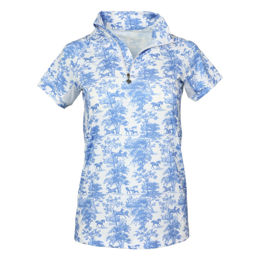 Dapplebay Equestrian Toile 1/4 Zip Light Riding Top - Short Sleeve-Blue/White