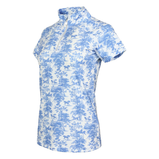Dapplebay Equestrian Toile 1/4 Zip Light Riding Top - Short Sleeve-Blue/White