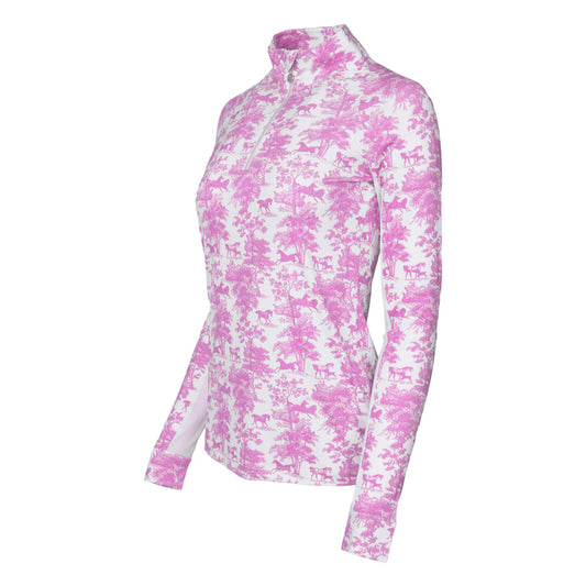 Dapplebay Equestrian Toile 1/4 Zip Light Riding Top - Long Sleeve-Rose/White