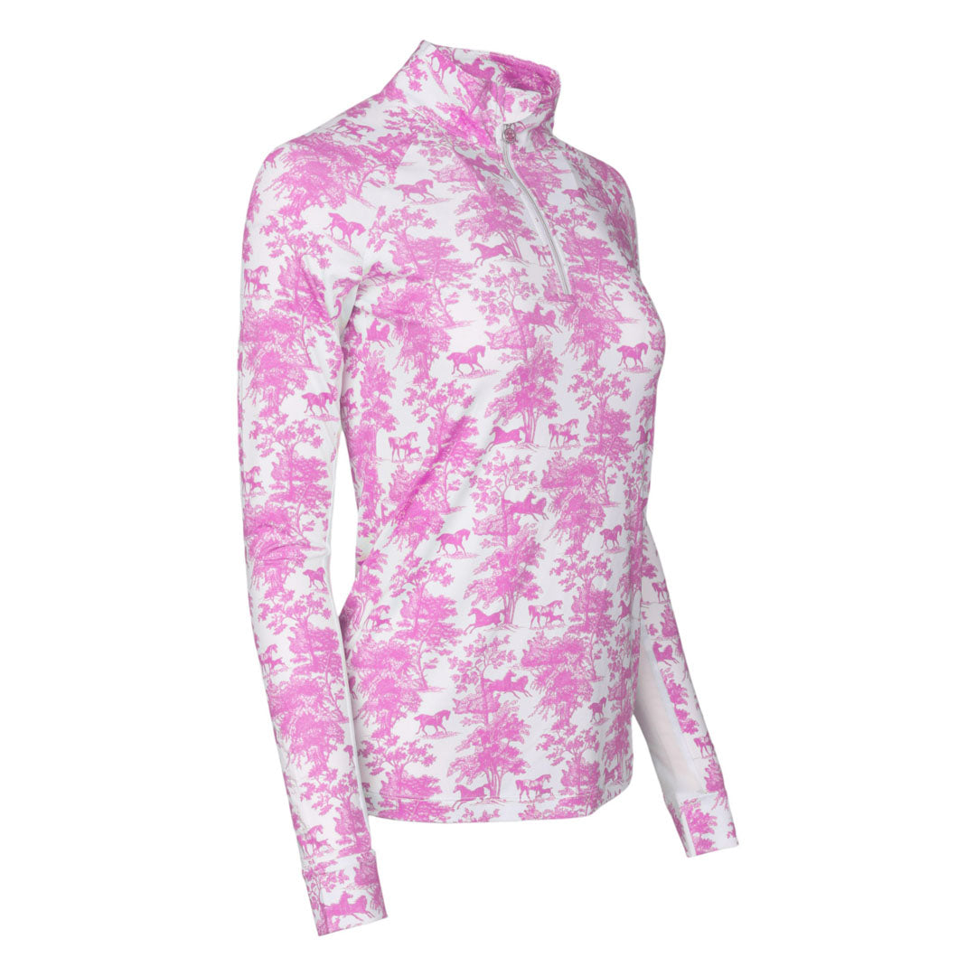 Dapplebay Equestrian Toile 1/4 Zip Light Riding Top - Long Sleeve-Rose/White