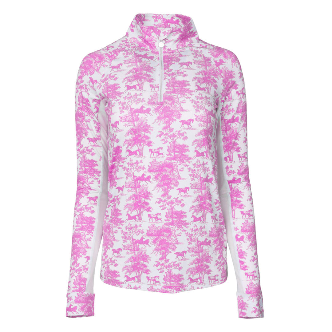 Dapplebay Equestrian Toile 1/4 Zip Light Riding Top - Long Sleeve-Rose/White