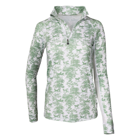 Dapplebay Equestrian Toile 1/4 Zip Light Riding Top - Long Sleeve-Green/White