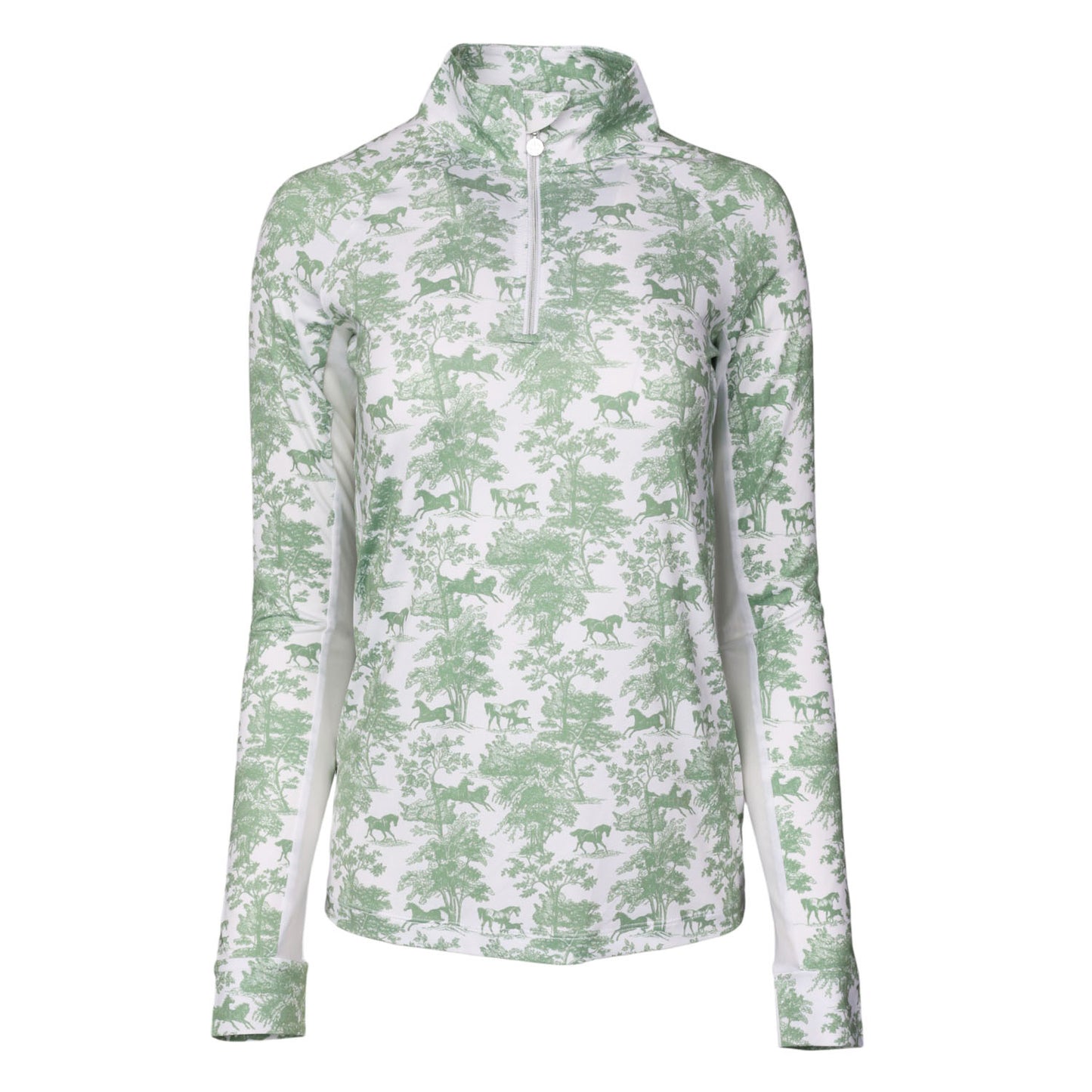 Dapplebay Equestrian Toile 1/4 Zip Light Riding Top - Long Sleeve-Green/White