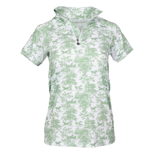 Dapplebay Equestrian Toile 1/4 Zip Light Riding Top - Short Sleeve-Green/White