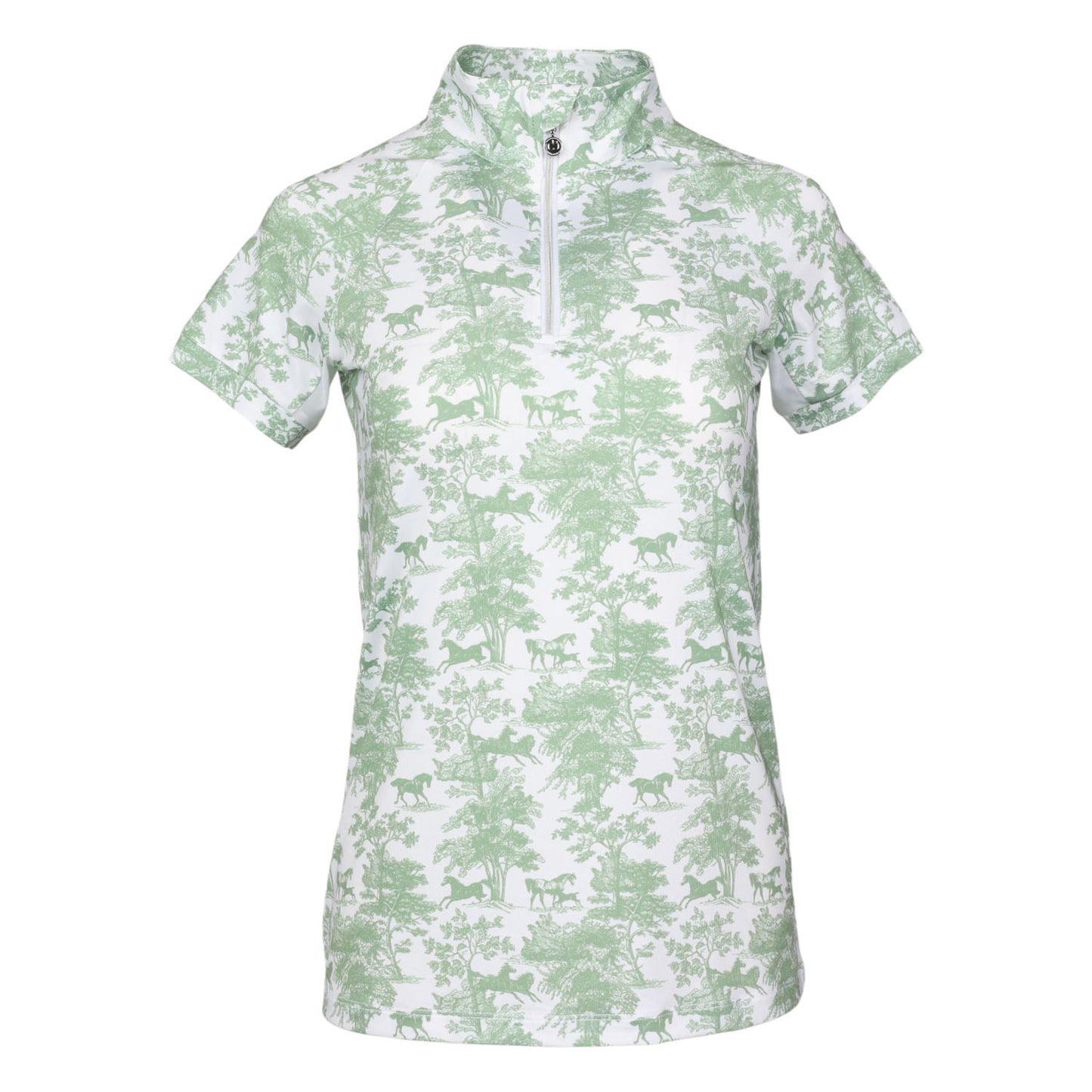 Dapplebay Equestrian Toile 1/4 Zip Light Riding Top - Short Sleeve-Green/White