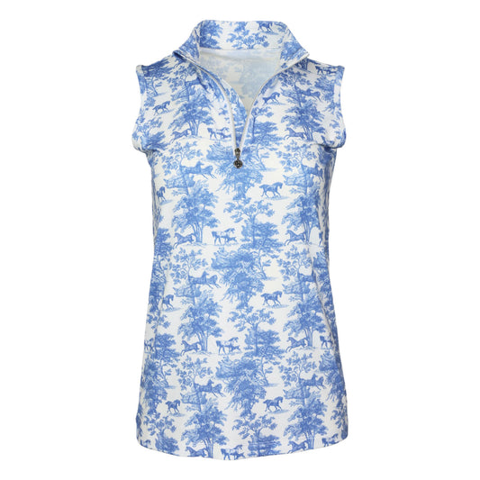 Dapplebay Equestrian Toile 1/4 Zip Light Riding Top - Sleeveless-Blue/White