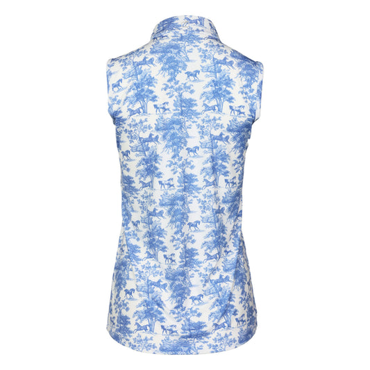 Dapplebay Equestrian Toile 1/4 Zip Light Riding Top - Sleeveless-Blue/White