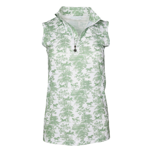 Dapplebay Equestrian Toile 1/4 Zip Light Riding Top - Sleeveless-Green/White