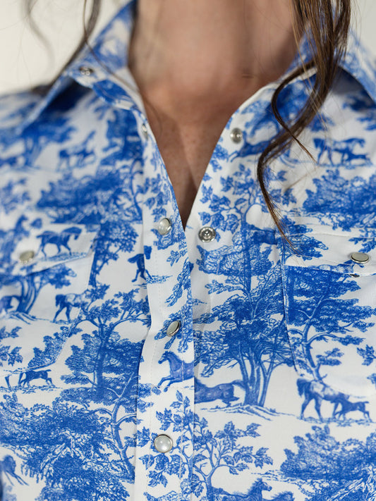Dapplebay Equestrian Toile Button Down Western Shirt-Blue/White-1