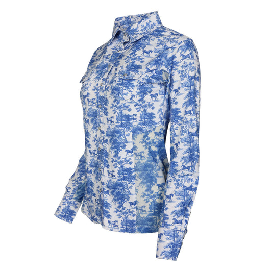 Dapplebay Equestrian Toile Button Down Western Shirt-Blue/White