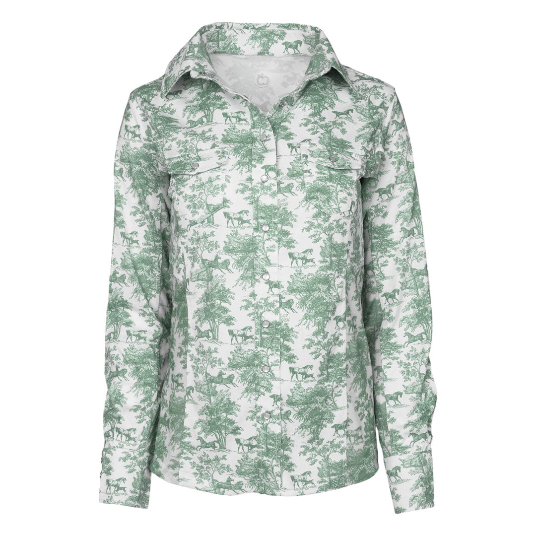 Dapplebay Equestrian Toile Button Down Western Shirt-Green/White