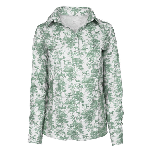 Dapplebay Equestrian Toile Button Down Western Shirt-Green/White