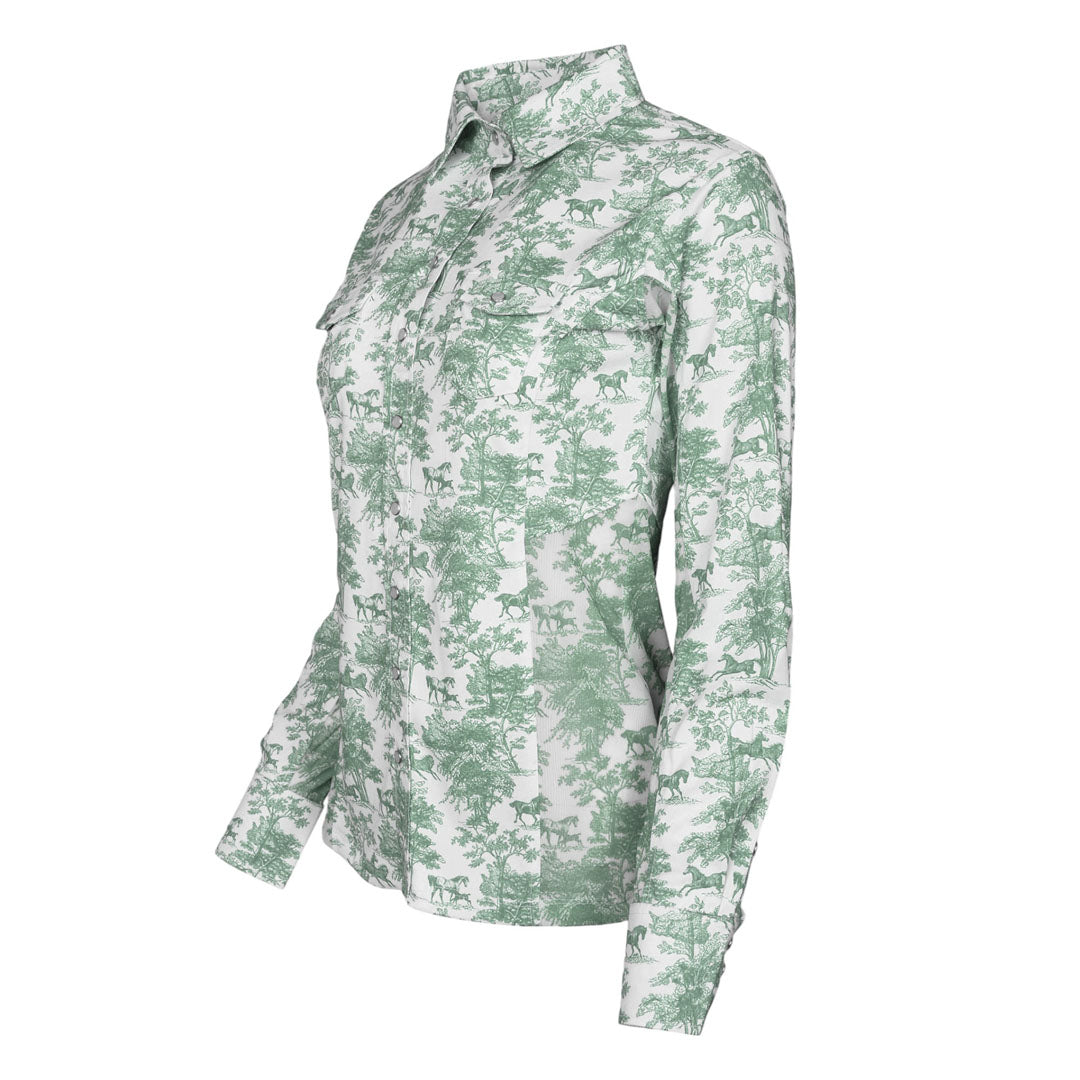 Dapplebay Equestrian Toile Button Down Western Shirt-Green/White