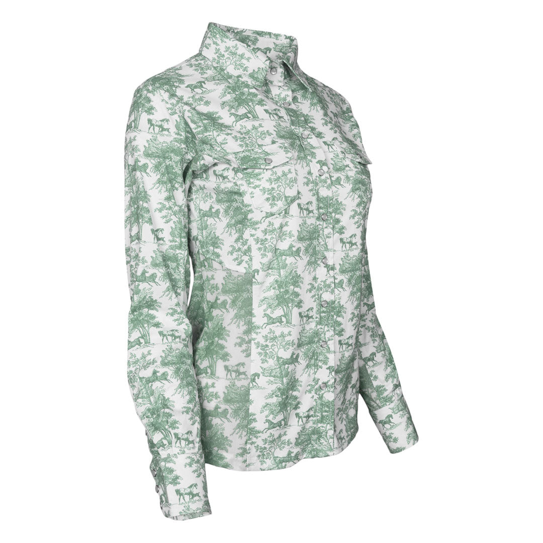 Dapplebay Equestrian Toile Button Down Western Shirt-Green/White