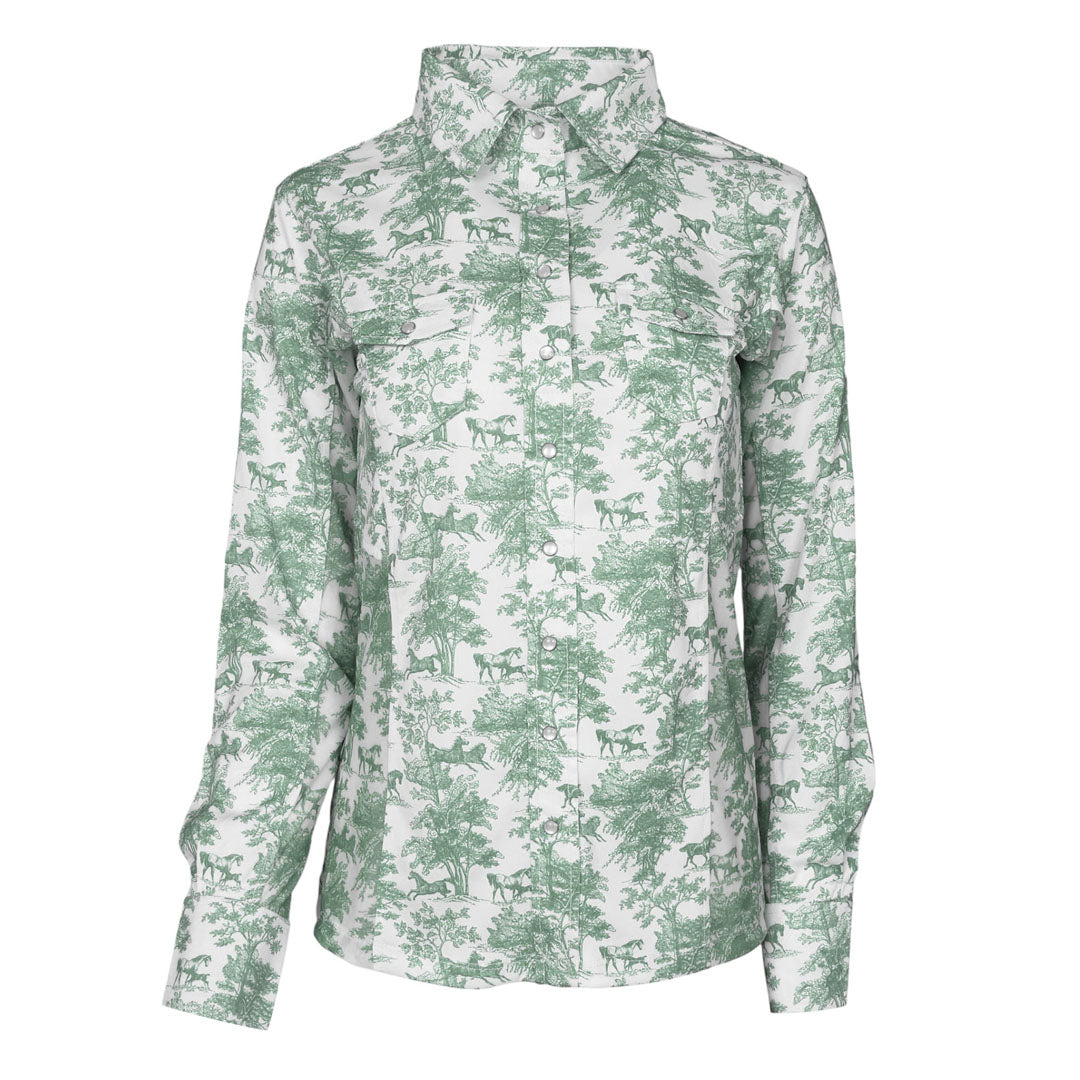 Dapplebay Equestrian Toile Button Down Western Shirt-Green/White