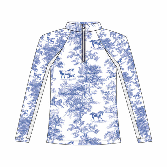 Dapplebay Kids Blue Equestrian Toile 1/4 Zip - Long Sleeve