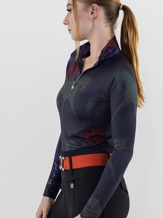 Dapplebay Abstract Horses 1/4 Zip LS Riding Top-Purple Dusk