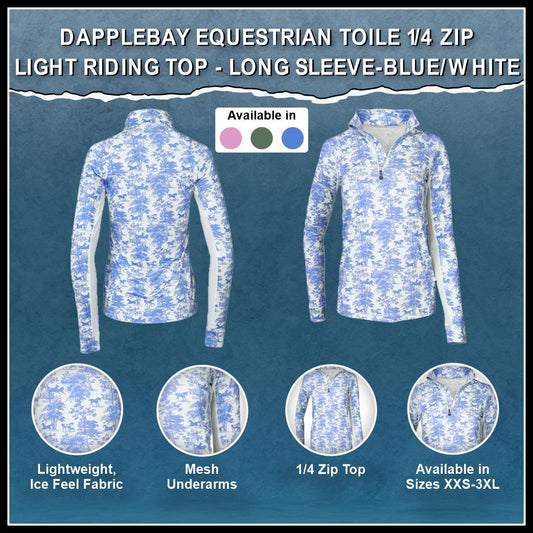 Dapplebay Equestrian Toile 1/4 Zip Light Riding Top - Long Sleeve-Blue/White