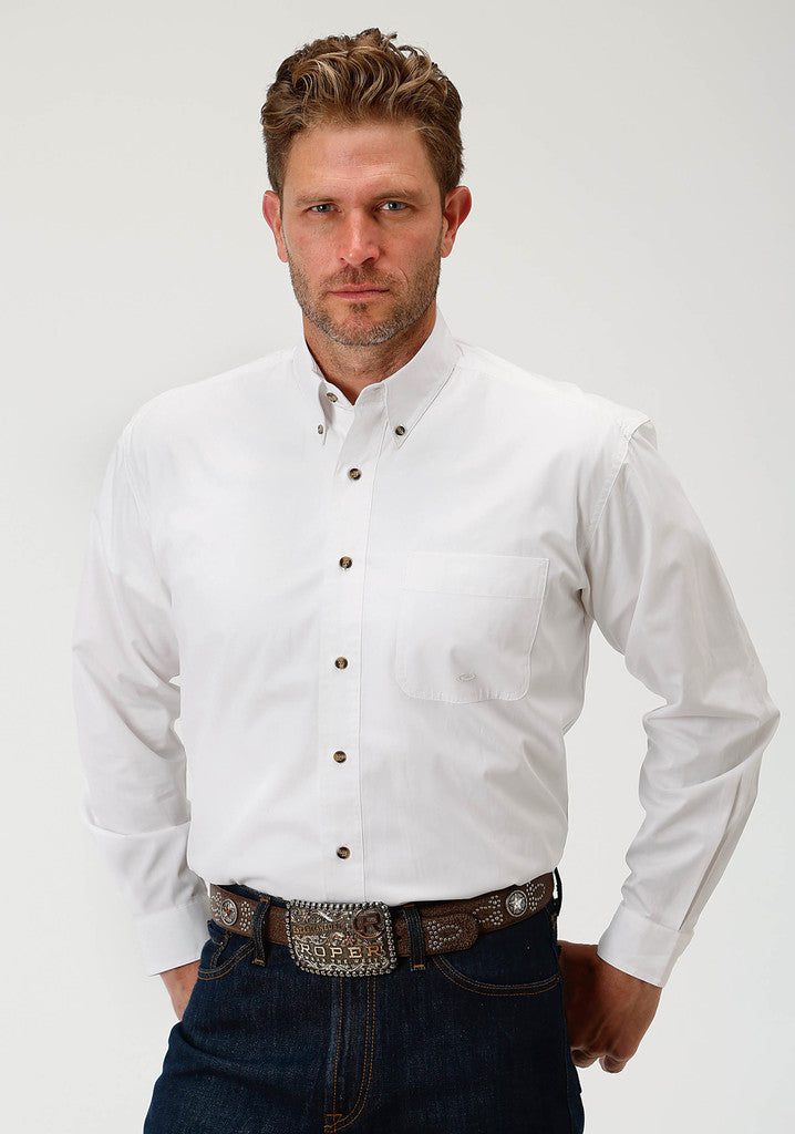 Roper Mens White Solid Long Sleeve Western Button Shirt