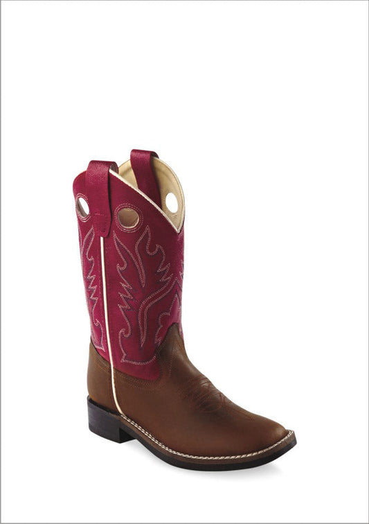 Old West Children's Light Distress-Red Ultra Flex Broad Square Toe Boots-Light Distress - Red-13-D
