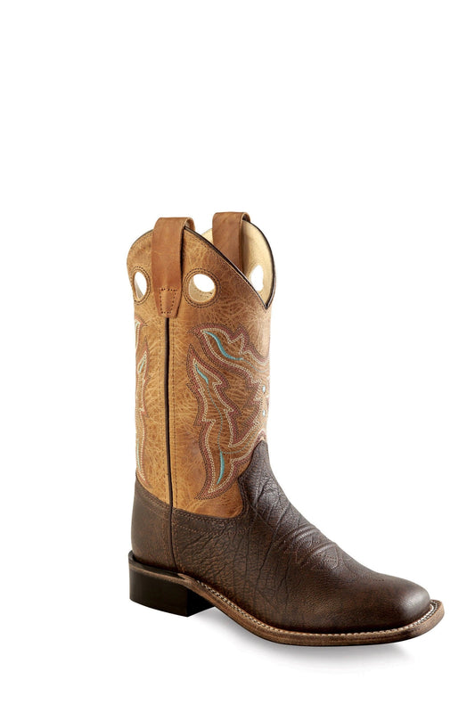 Old West Youth Brown Tumble and Tan Fry Broad Square Toe Boot-Brown Tumble -Tan Fry-6.5-D