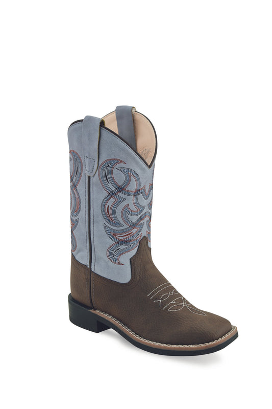 Old West Children's Thunder Brown and Sky Blue All Over Leatherette Broad Square Toe Boot