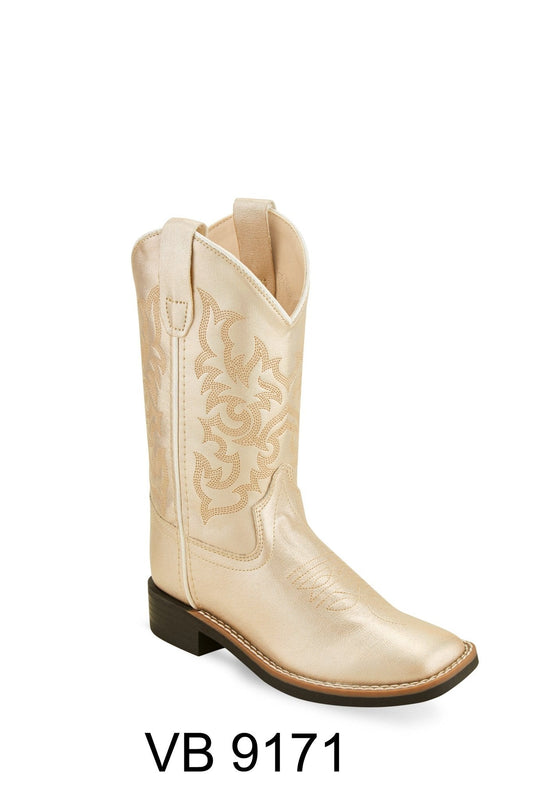 Old West Children's Shiny Cream All Over Leatherette Broad Square Toe Boot