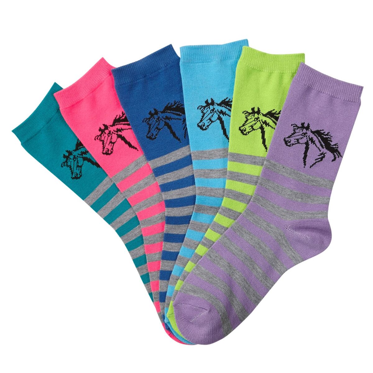 AWST Int'l Ladies' "Lila" Horses in Stripes Crew Socks 6-pack