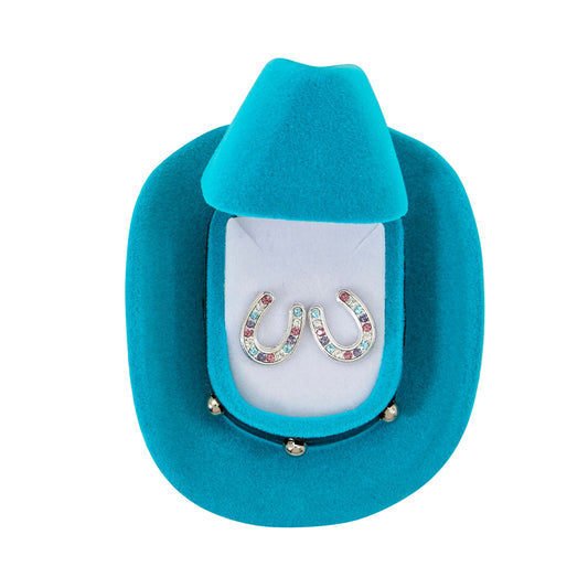AWST Int'l Horseshoes Earrings w/Colorful Cowboy Hat Box