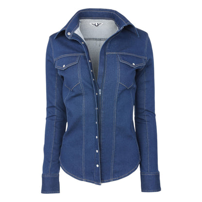  TuffRider Stone Washed Western Stretch Denim Shirt With Pearl Snaps