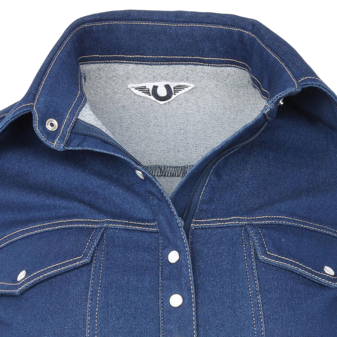  TuffRider Stone Washed Western Stretch Denim Shirt With Pearl Snaps