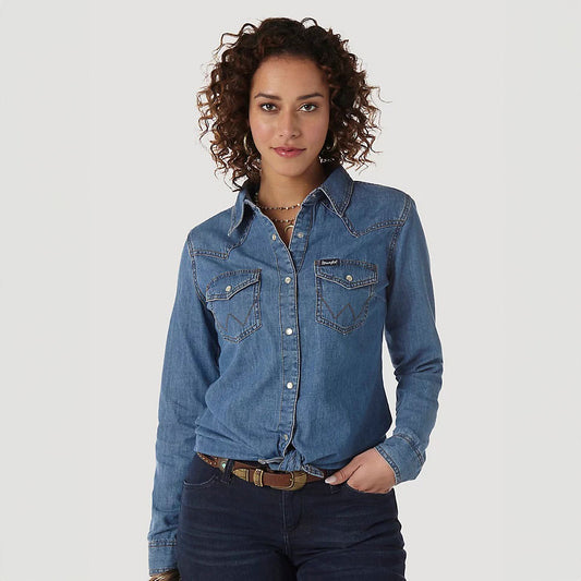 Wrangler® Women's Western Fashion Top- Mid Denim