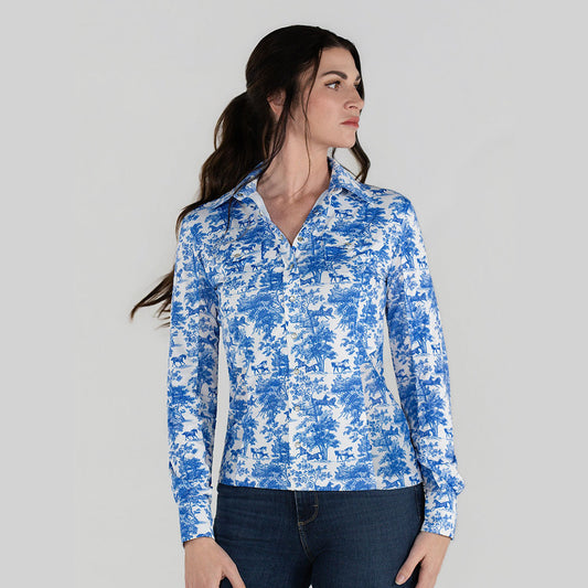 Dapplebay Equestrian Toile Button Down Western Shirt-Blue/White
