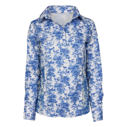 Dapplebay Equestrian Toile Button Down Western Shirt-Blue/White