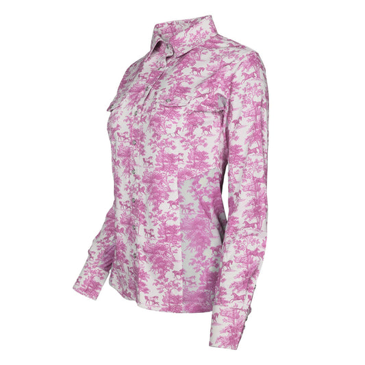 Dapplebay Equestrian Toile Button Down Western Shirt-Rose/White
