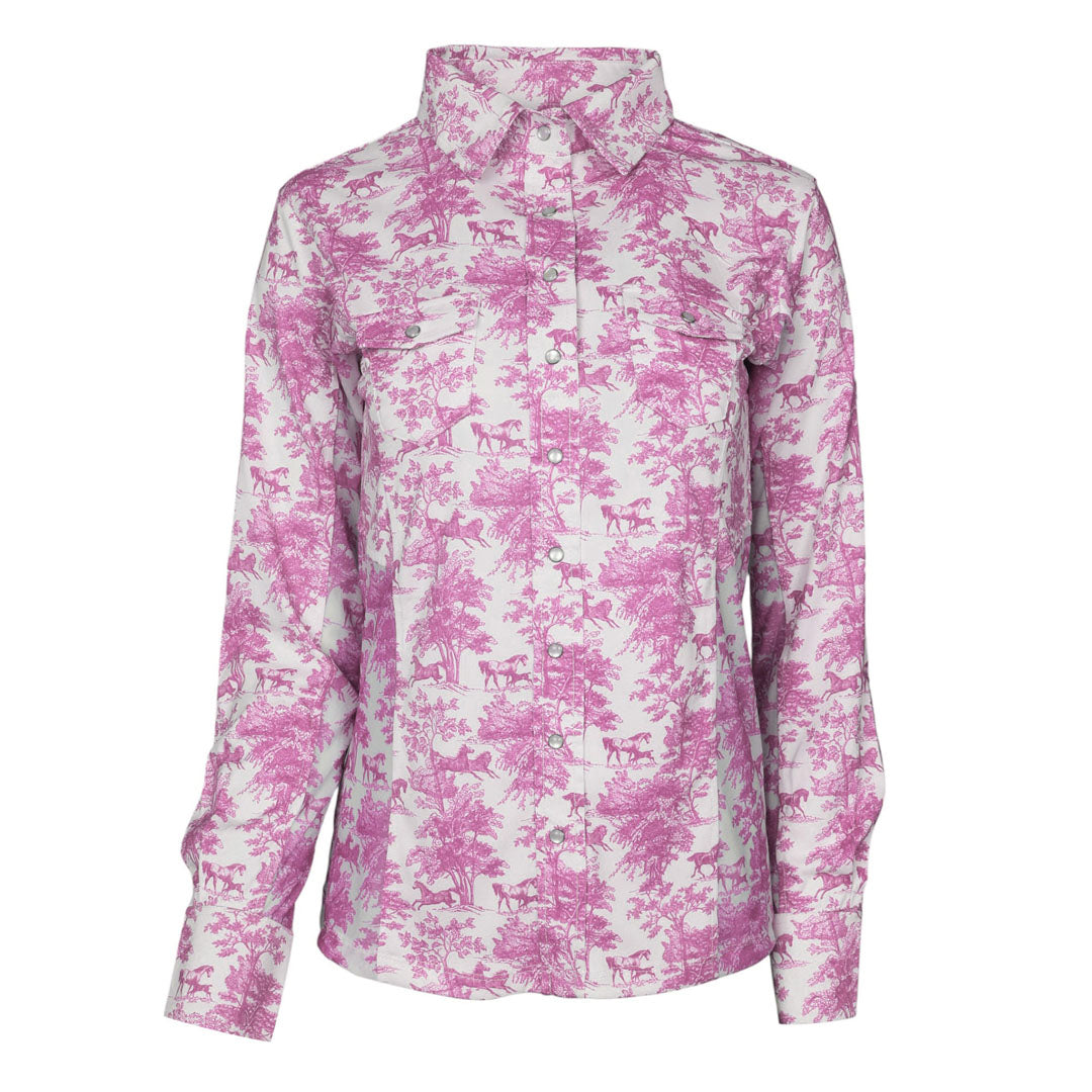 Dapplebay Equestrian Toile Button Down Western Shirt-Rose/White